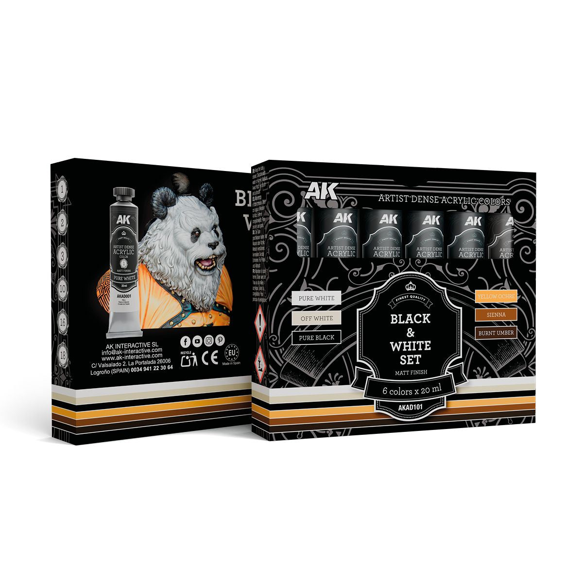AK Interactive ARTIST DENSE ACRYLIC COLOR Set BLACK & WHITE SET (6 tubes 20 ml)